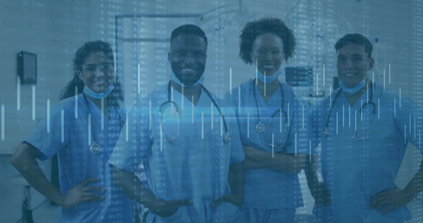 Medical team holding steady poses in hospital initiating cascading data bars and pulsing lighting