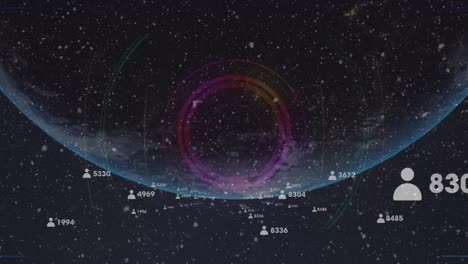 animation of network of connections with people icons and numbers over globe