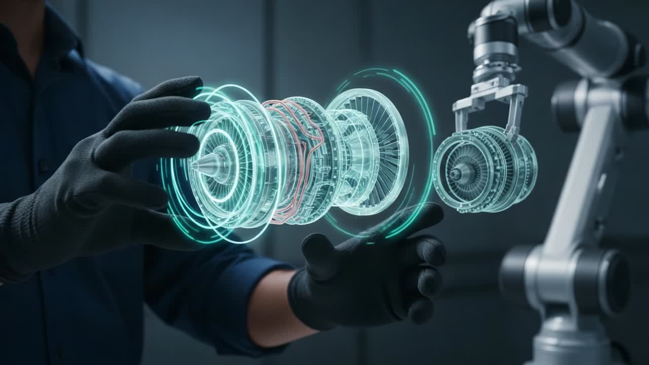 A Technician Manipulating a Holographic Engine Component with Advanced Robotics Technology, Showcasing Innovation and Precision in Engineering Methodologies and Future Manufacturing Techniques