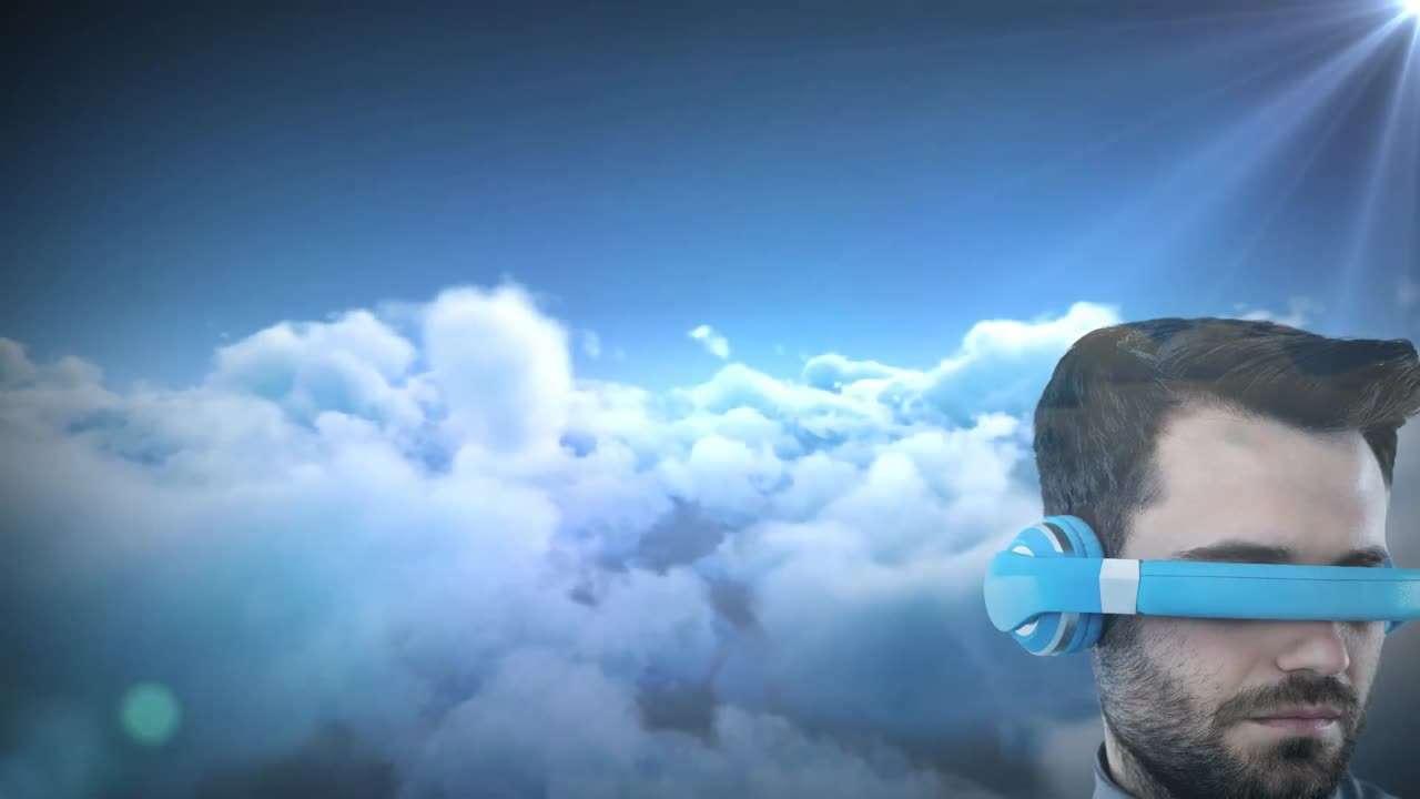 Animasi pria ber-headset VR dengan latar langit berawan