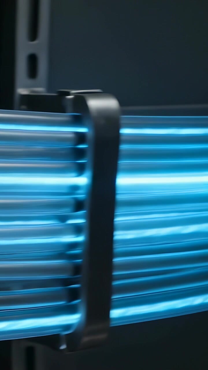 Vertical video: Panning camera across blue lit cable bundle in server rack, revealing plastic clamp