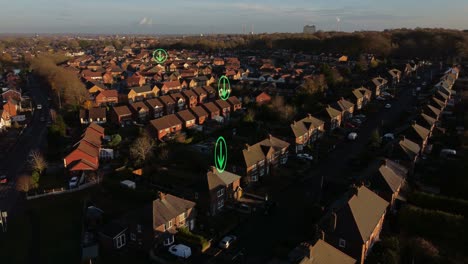 flashing arrow symbols over rural british townhouse neighbourhood homes rooftops aerial view