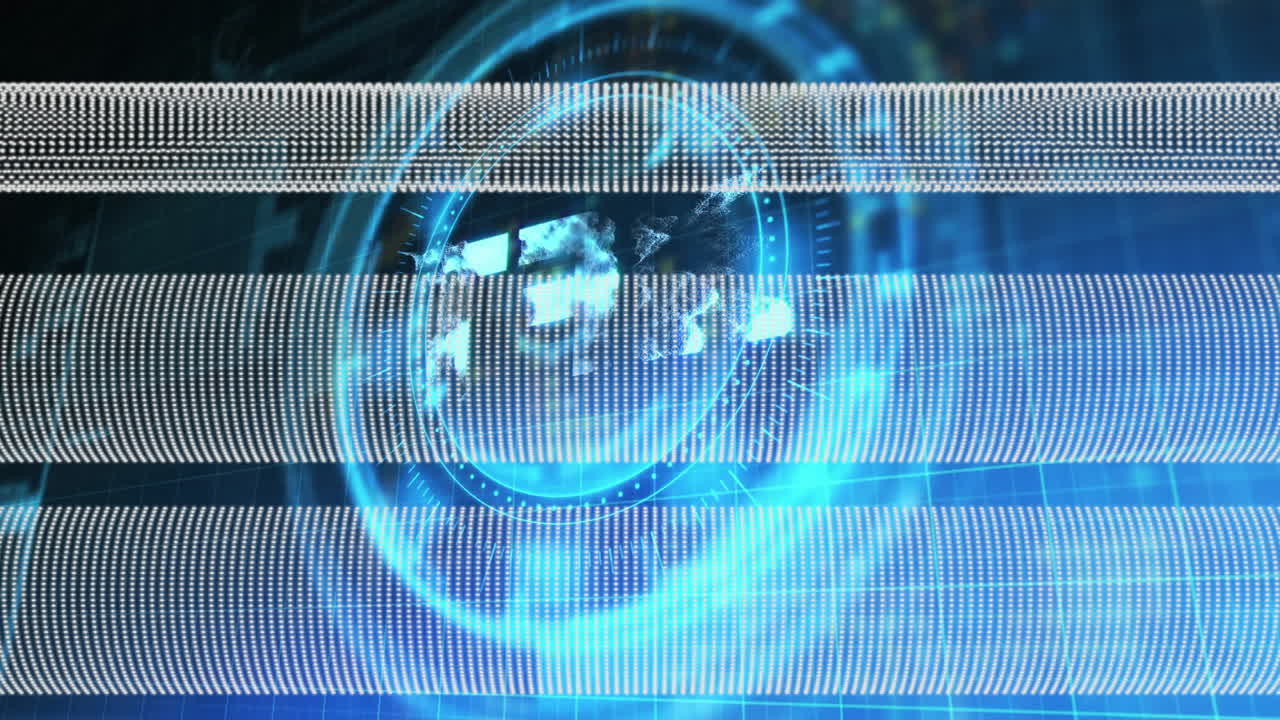 Animation of digital globe with blue light patterns and horizontal data lines