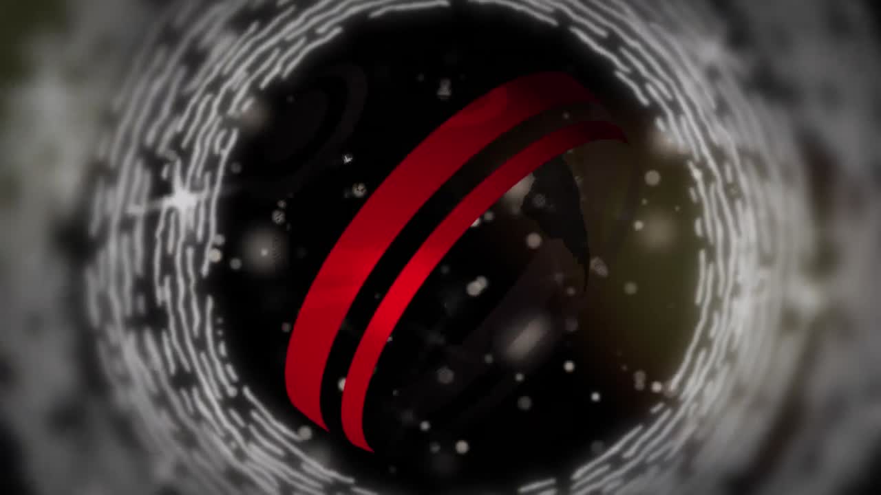 검은색 바탕에 빛의 원, 별, 지구의 애니메이션.