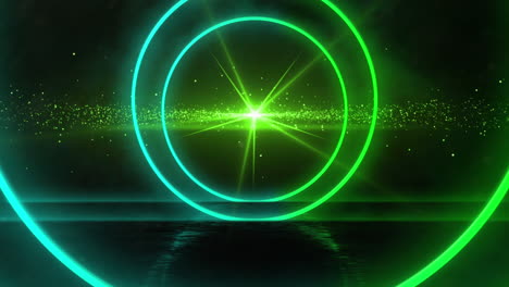 animation of a tunnel of glowing  geometric with night sky and glowing green star in the background.