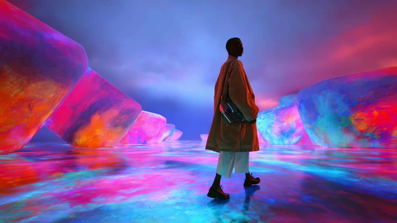 A solitary figure walks through an ethereal landscape filled with vibrant, glowing colors and surreal formations, creating a captivating atmosphere of wonder and exploration that captivates the imagination