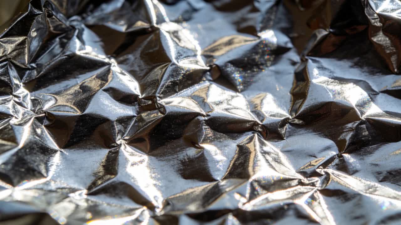 Luce cangiante che rivela bagliori speculari e pieghe su carta stagnola accartocciata in macro, mostrando particelle di polvere