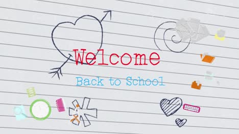 Animation-of-welcome-back-to-school-text-and-school-icons-over-white-ruled-paper-background