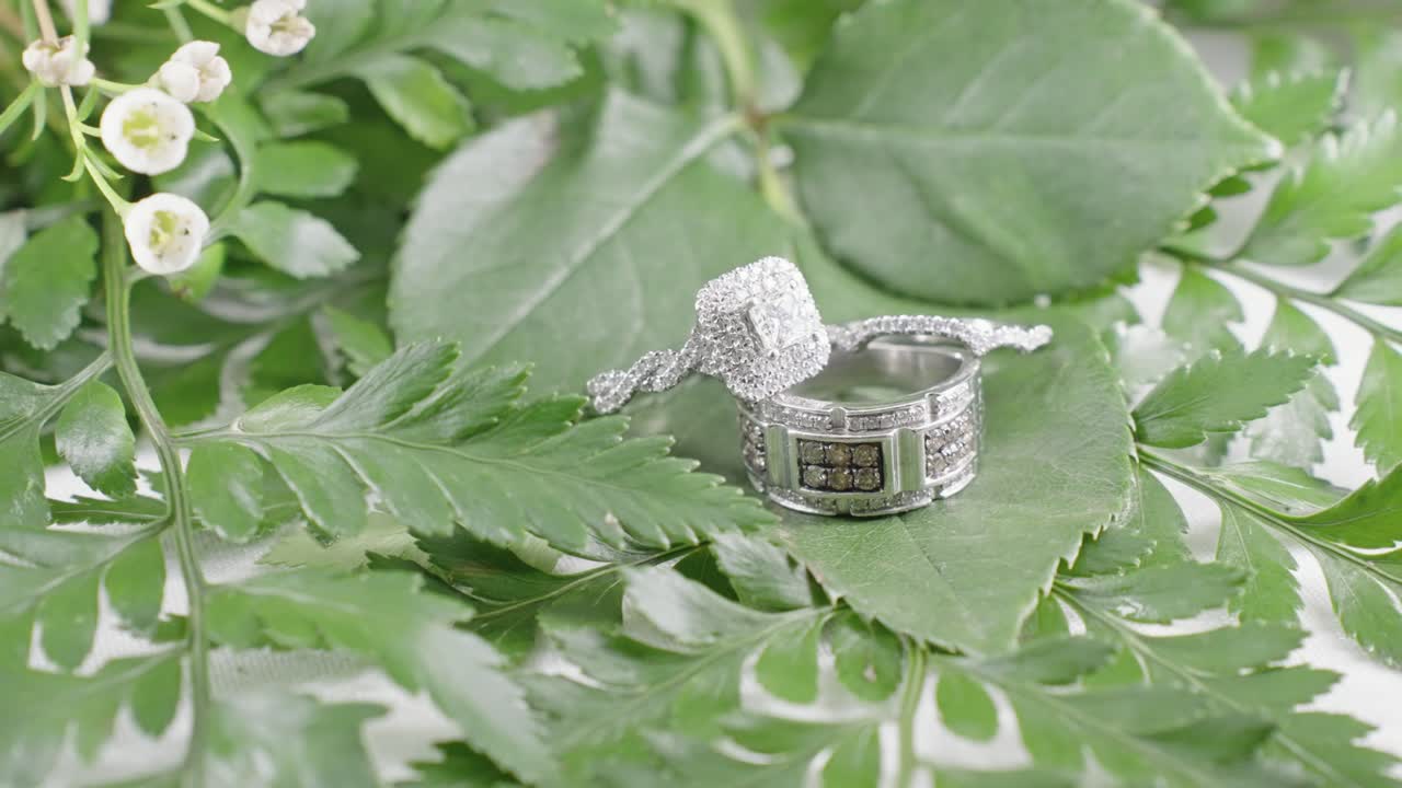 Beautiful Diamond Wedding Rings Placed on Top of Leafy Background