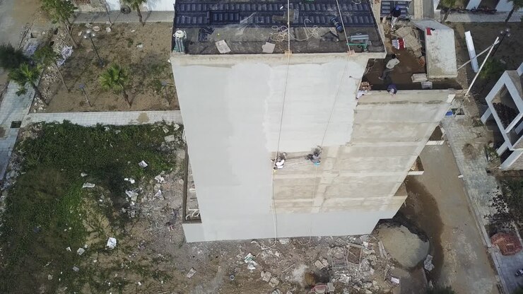 Acabado de yeso de hormigón aplicado al lateral de un edificio en Sam Son, Vietnam, mientras dos trabajadores de la construcción se balancean, toma aérea superior