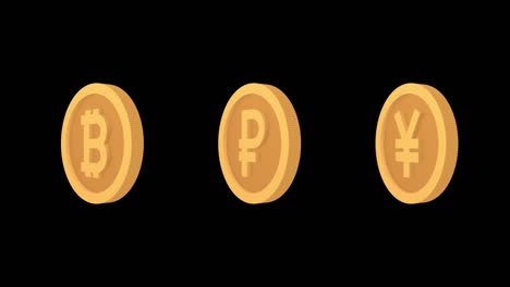 símbolos de dinero monedas bitcoin rublo yene. conjunto de iconos. canal alfa