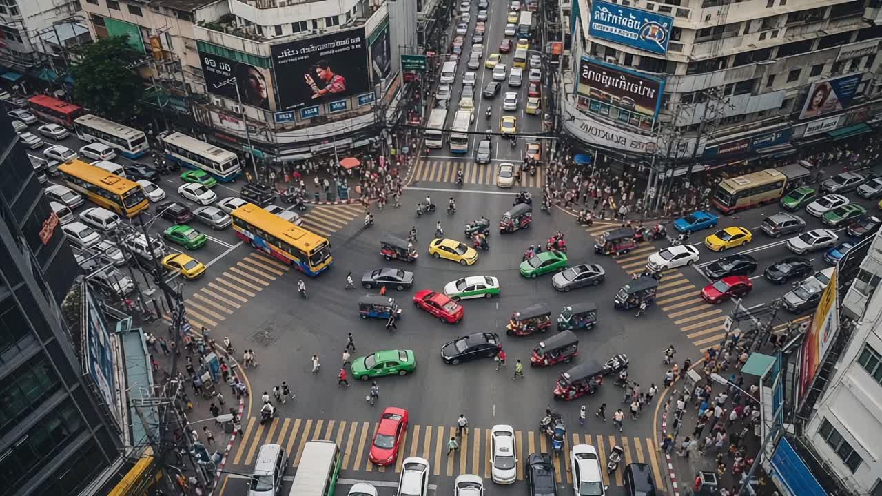 Aerial View of a Congested Urban Intersection Showcasing the Hustle of City Life, Featuring Dense Traffic and Pedestrians in Motion