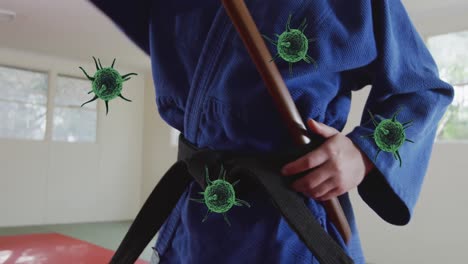 animation of virus cells over caucasian samurai