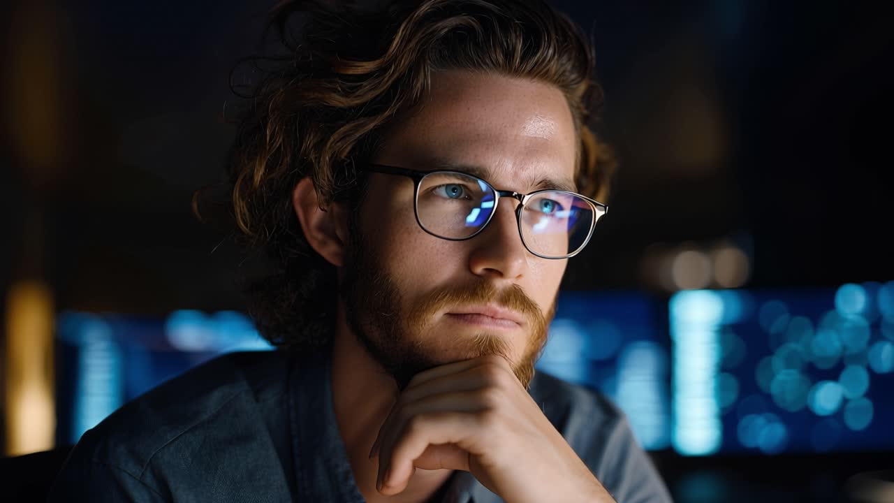 Thoughtful Individual Focused on Data Analysis in a Dark Environment, Displaying Engagement and Intensity While Observing Computer Screens in Background