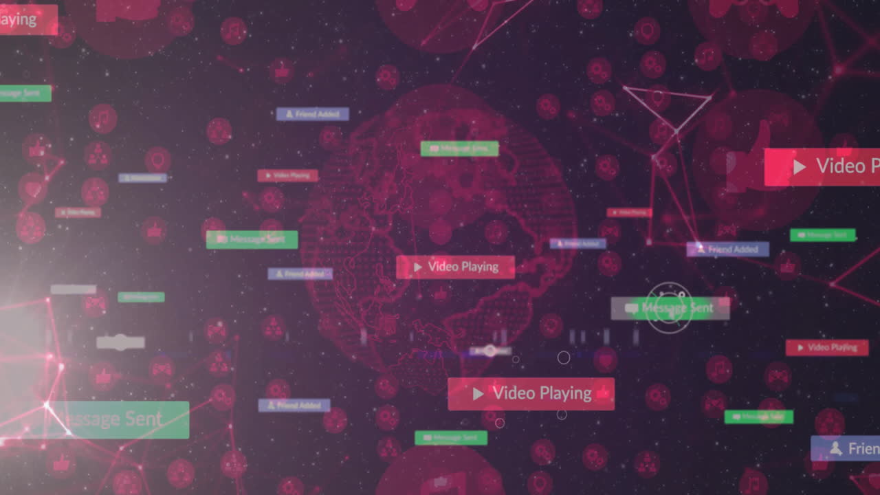 Digital network connections and data processing animation over globe with red nodes
