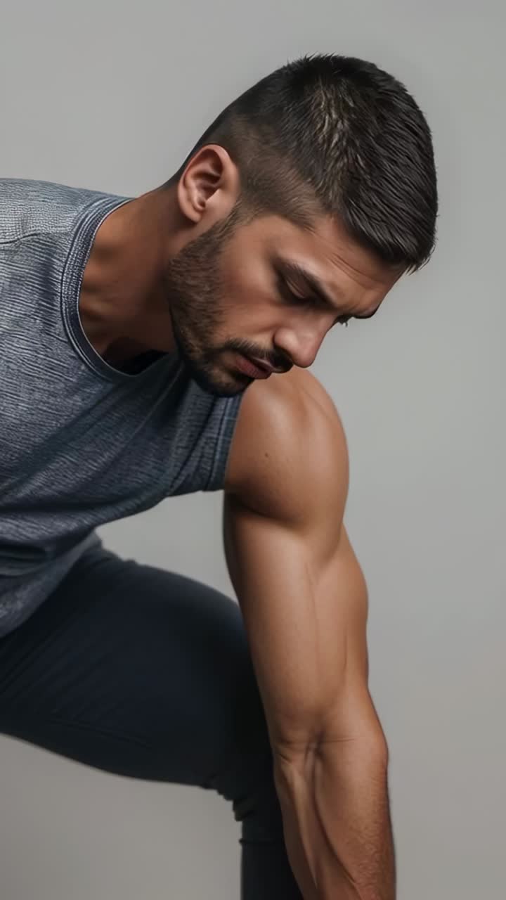 Vertical video: Prepping fit man leaning, extending arm and bracing torso in studio, sleeveless top