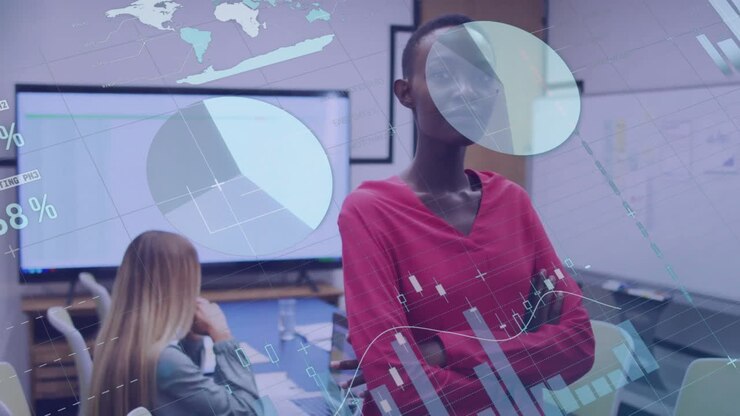 Animation of financial data processing over african american businesswoman in office