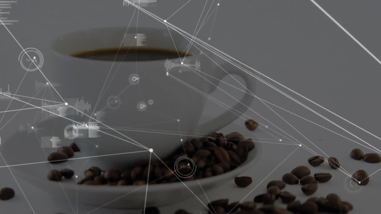 White ceramic coffee cup being visualized in minimal studio with beans and digital network overlay