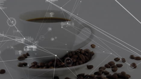 white ceramic coffee cup being visualized in minimal studio with beans and digital network overlay