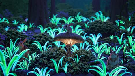 cute animals in a glowing forest at night
