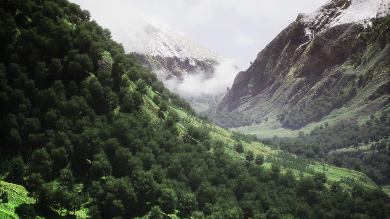 Majestic mountain landscape with lush greenery and snowy peaks