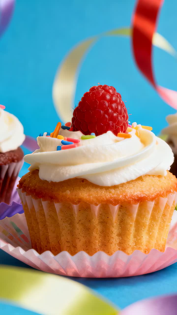 Video verticale: Fotocamera che si sposta a sinistra e zooma, mostrando un cupcake alla vaniglia su un tavolo blu con nastri.