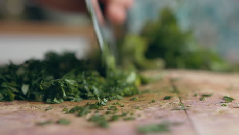 un primerísimo plano de la mano de una mujer cortando lentamente el perejil verde con un cuchillo italiano para picar un cuchillo afilado sobre una tabla de madera en su cocina