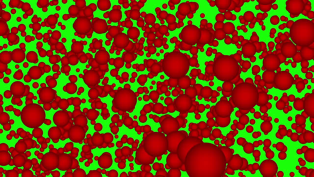 Solid red atoms / particles / gas molecules scattering slowly in front of a green screen, entropy, chroma key, easily isolated