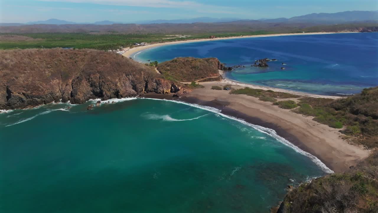 Backward panoramic aerial of La Morita and Tenacatita beach, Mexico. Costa Alegre hidden gem. Jalisco tourism hot spot.