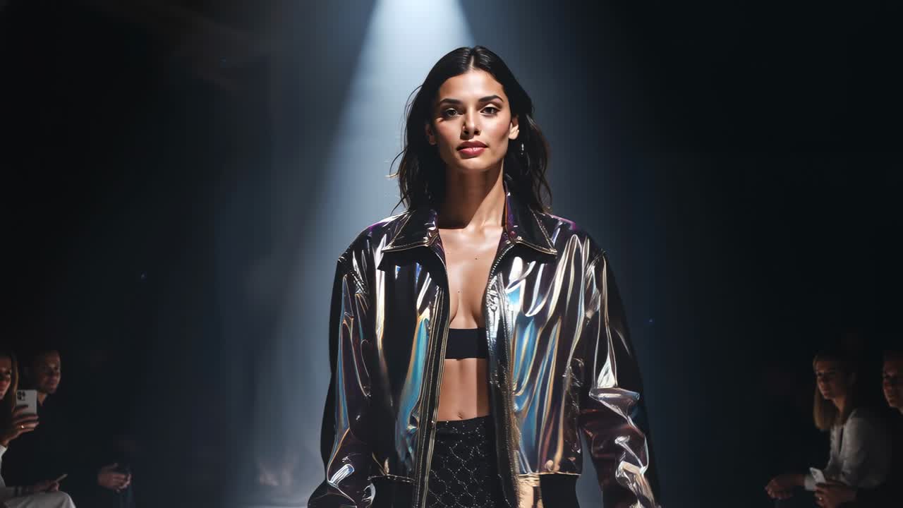 Spotlight focusing, walking model toward camera on runway, modeling metallic jacket, drawing phones