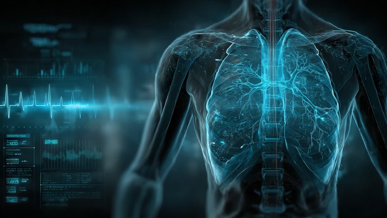 Esplorando le Intricate Strutture del Sistema Respiratorio Umano: una visualizzazione dettagliata dei polmoni e dei parametri vitali in una rappresentazione digitale ad alta tecnologia.