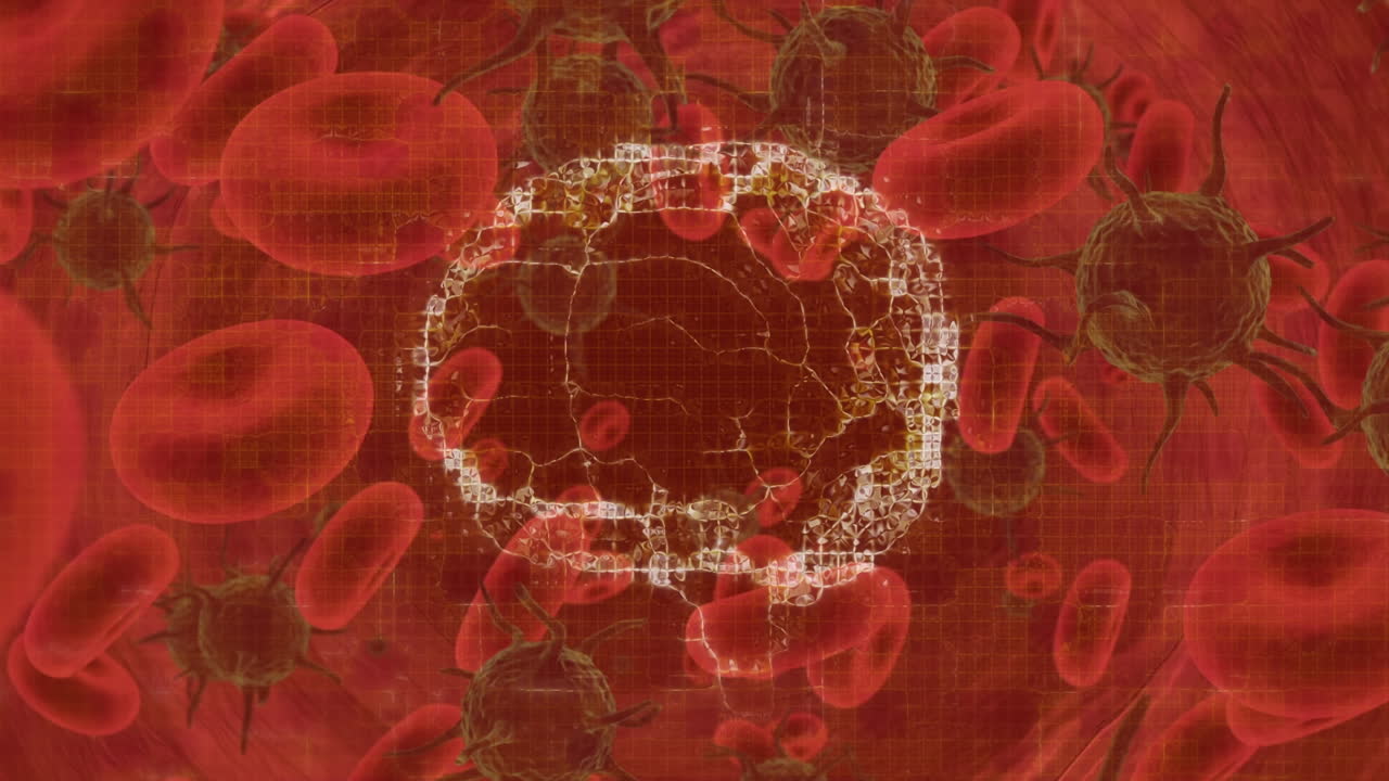 빨간색 배경에 움직이는 세포 위에서 회전하는 인간 뇌의 애니메이션