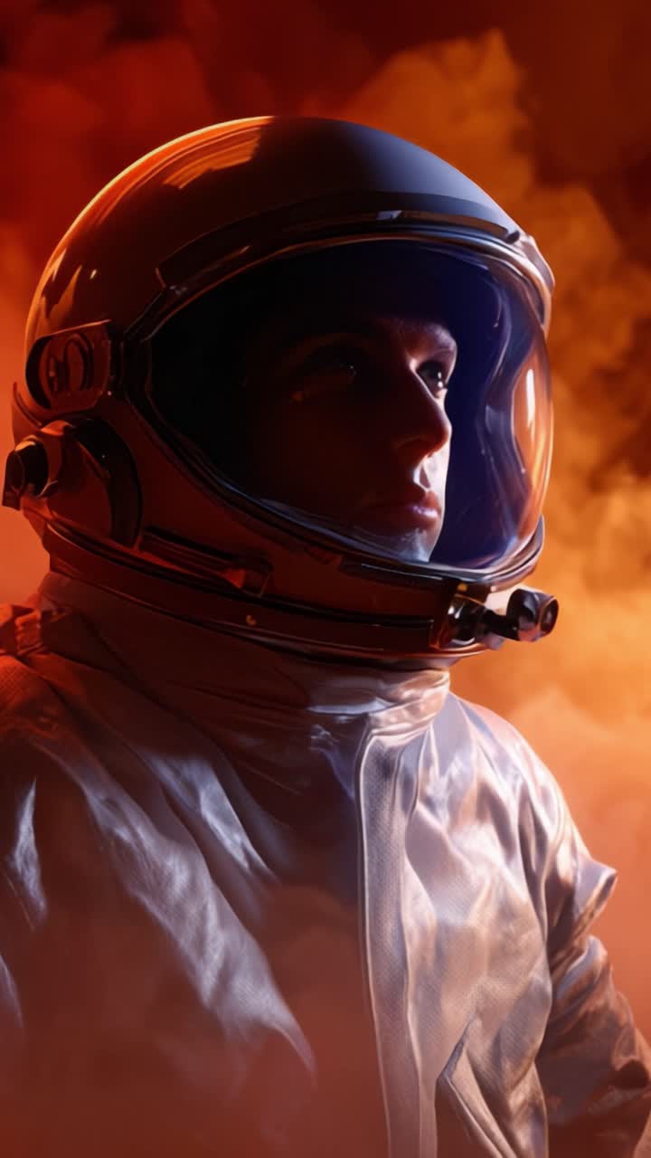Sorprendente ritratto di astronauta che cattura l'essenza dell'esplorazione spaziale su uno sfondo fumoso e drammatico, mettendo in mostra l'emozione e la meraviglia dell'universo