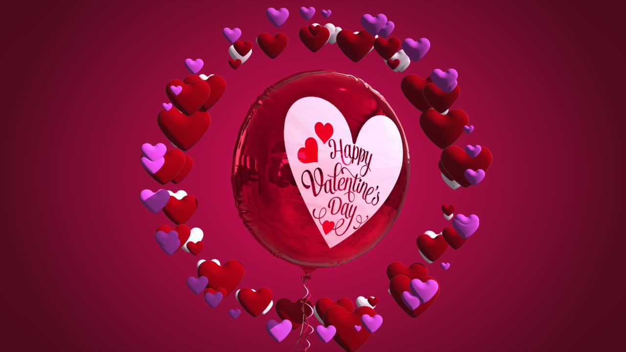 Hochwertiges saisonales Motion Graphic zum Valentinstag, mit rosa-rotem Farbschema, Ballon und einem Kreis aus sich drehenden Liebesherzen – mit der Botschaft „Frohen Valentinstag“