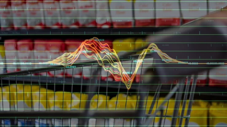 Griglia metallica di un carrello della spesa posizionata nel corridoio di un negozio di alimentari, inizio della forma d'onda, visualizzazione dei dati di vendita degli scaffali