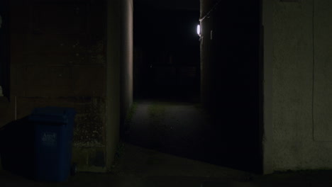 Dimly-lit-alleyway-with-single-white-light-as-woman-walks-in-front-past-trash-can