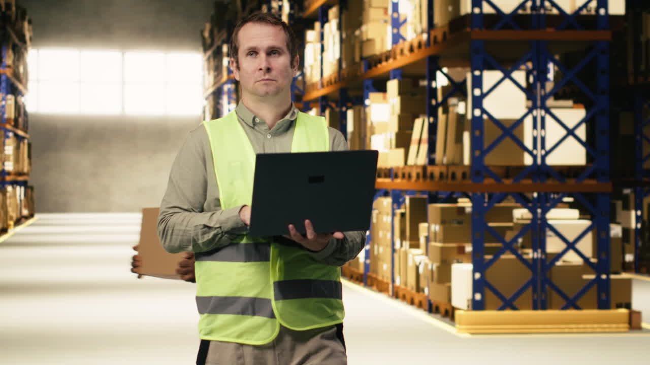 Uomo dipendente del deposito che utilizza un laptop per il controllo dell'inventario dei pacchi.