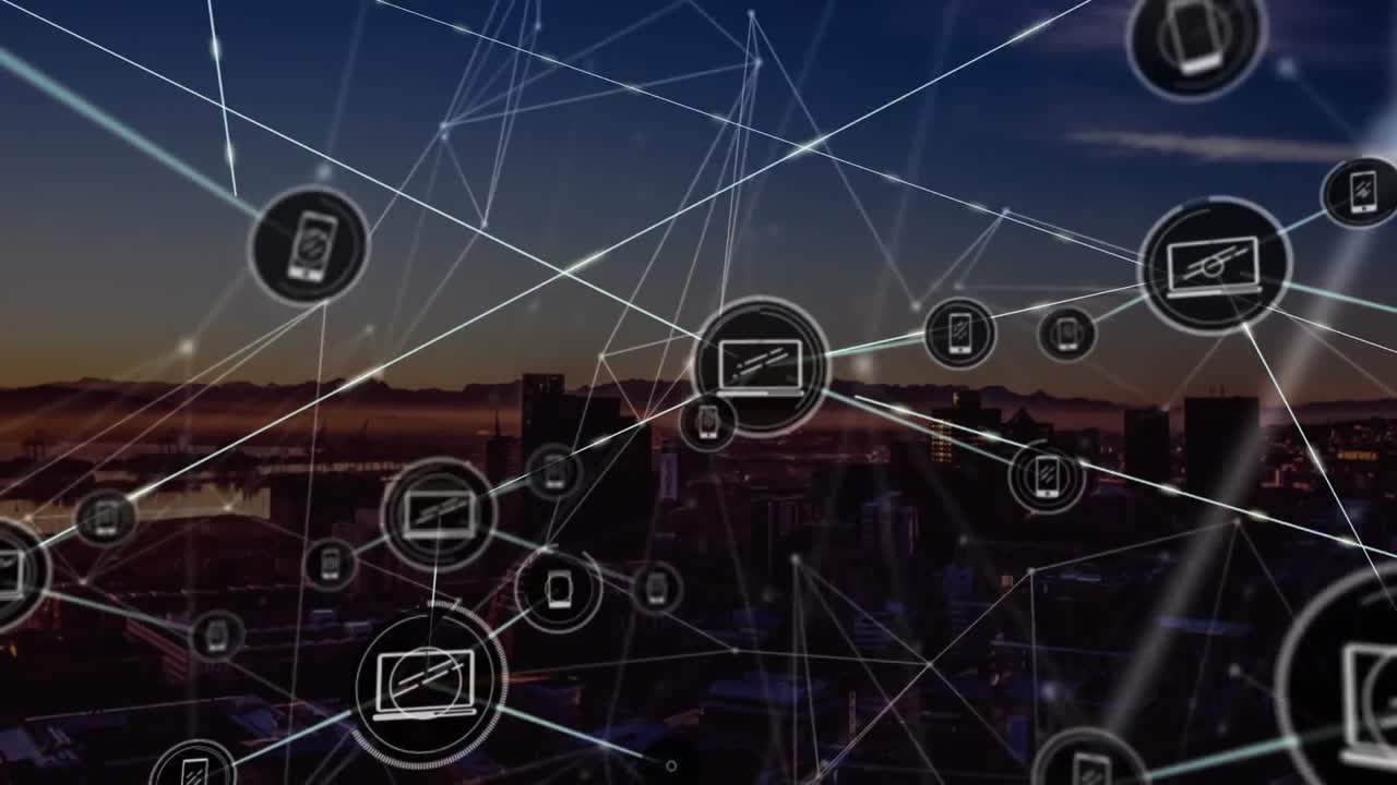 animación de la red de conexiones e iconos digitales frente a una vista aérea del paisaje urbano
