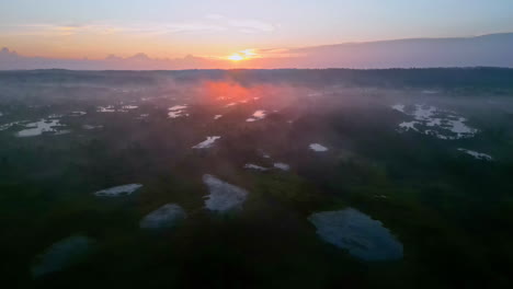 dramatic landscape over wetlands during misty golden sunrise