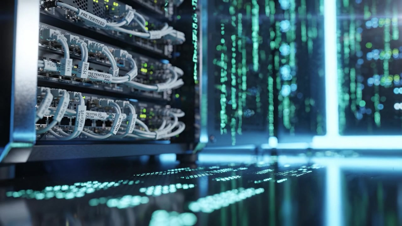 High-tech Data Center with Network Servers and Digital Code Flowing Across the Floor Showcasing Advanced Computing and Connectivity Technologies