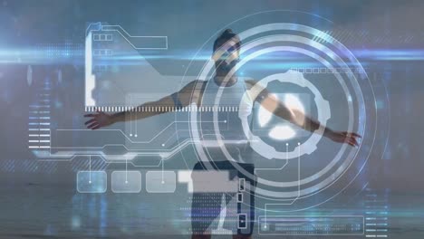 animación de datos en una pantalla digital sobre un hombre caucásico haciendo ejercicio en la playa