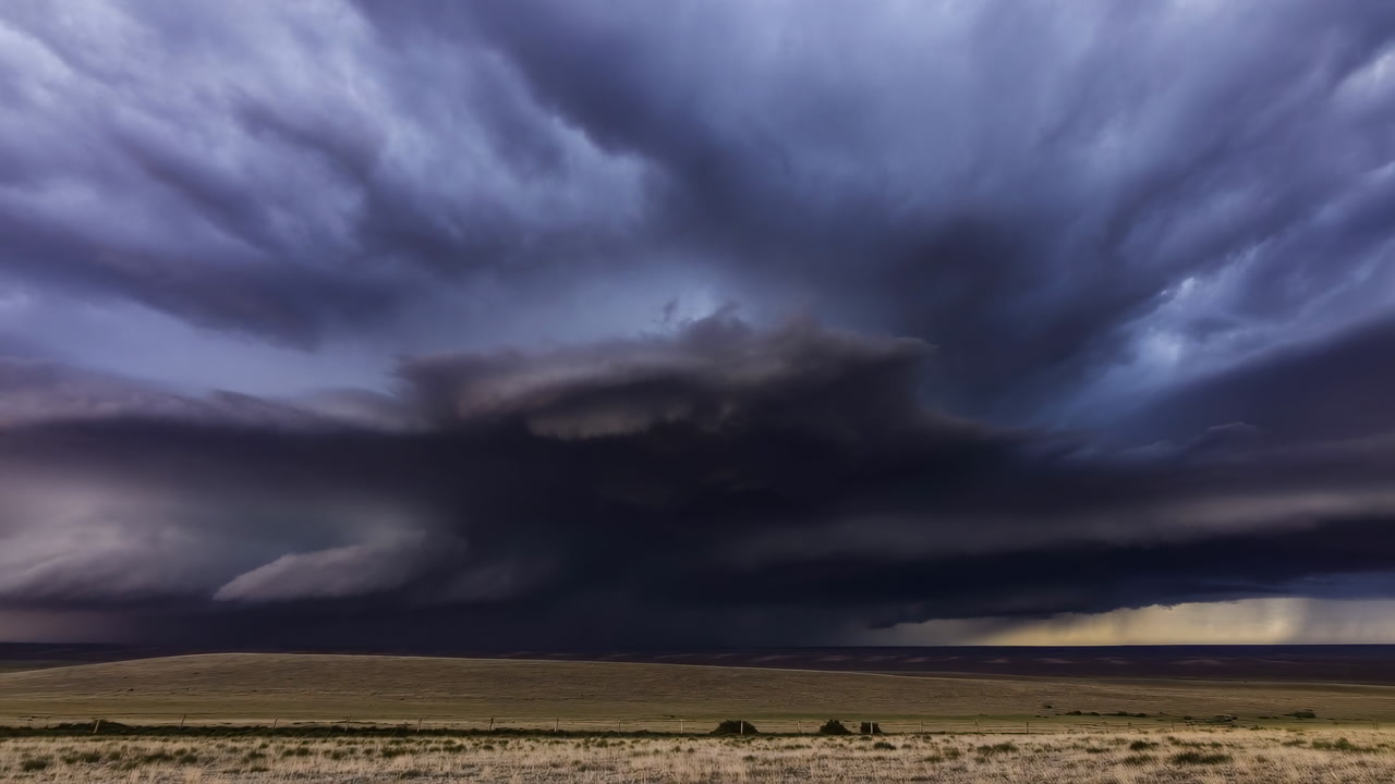 Dramatic Supercell Storm Over Plains, Dark Rotating Cumulonimbus Cloud Looms Above Empty Prairie Horizon,