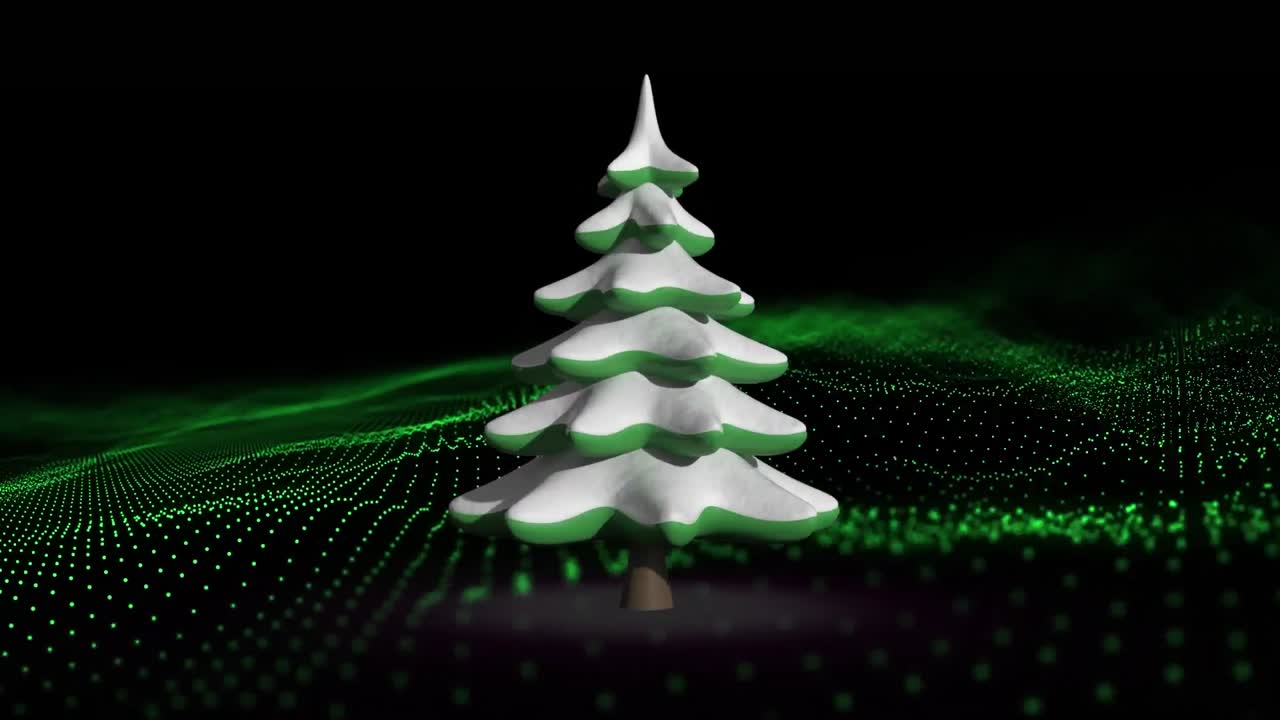 Animation of christmas tree over moving glowing wave of purple dots on dark background