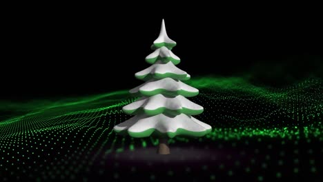 Animation-of-christmas-tree-over-moving-glowing-wave-of-purple-dots-on-dark-background