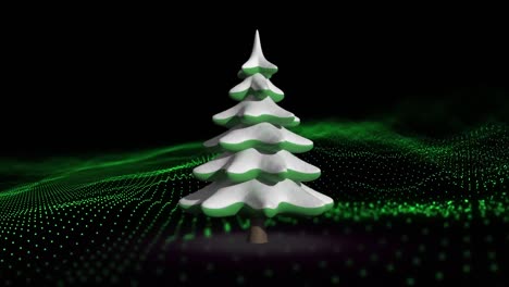 animatie van kerstboom over bewegende gloeiende golf van paarse stippen op donkere achtergrond