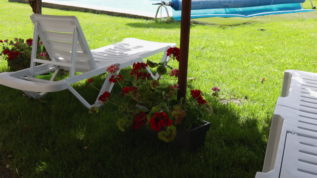 여름 동안 뒷마당에 있는 지상 수영장을 바라보는 라운지 의자