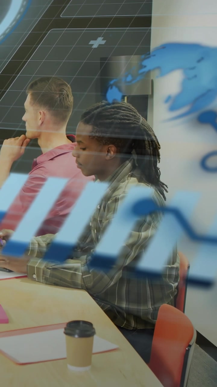 Vertical video: Talk starting, two writing during biz meeting while blue map overlay crossing faces