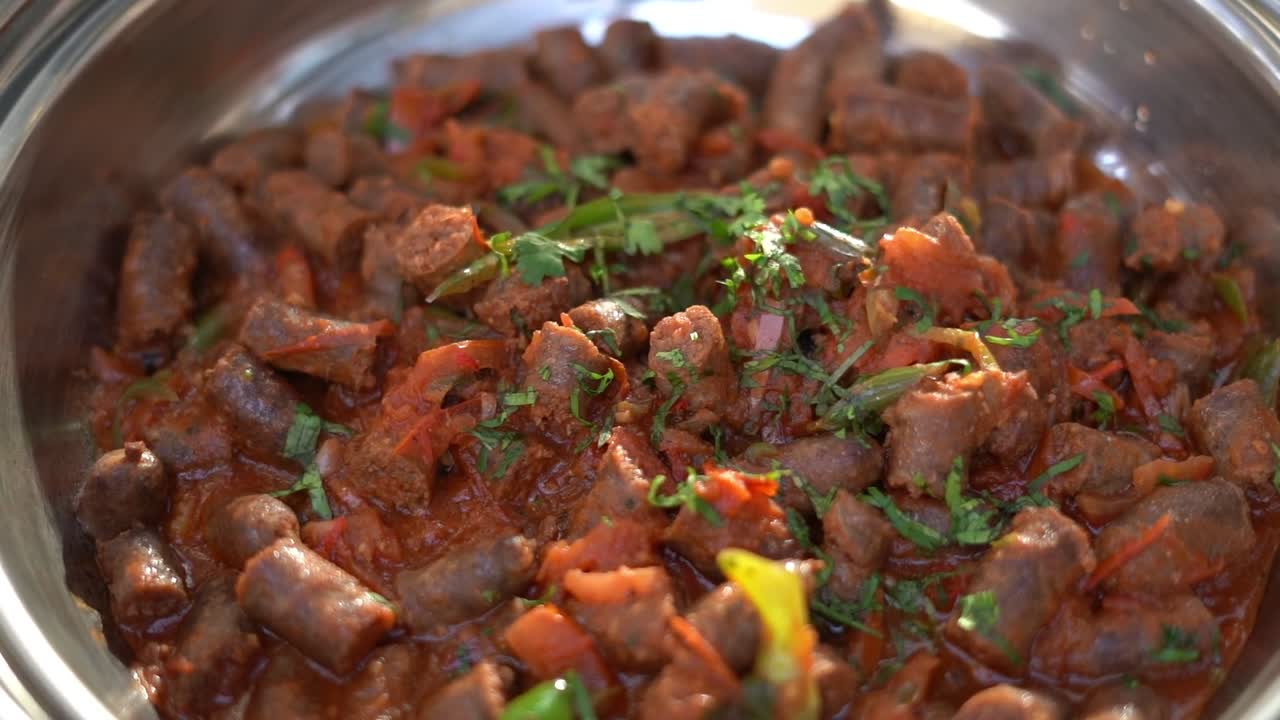 View of food in open buffet, close up shot, high angle shot