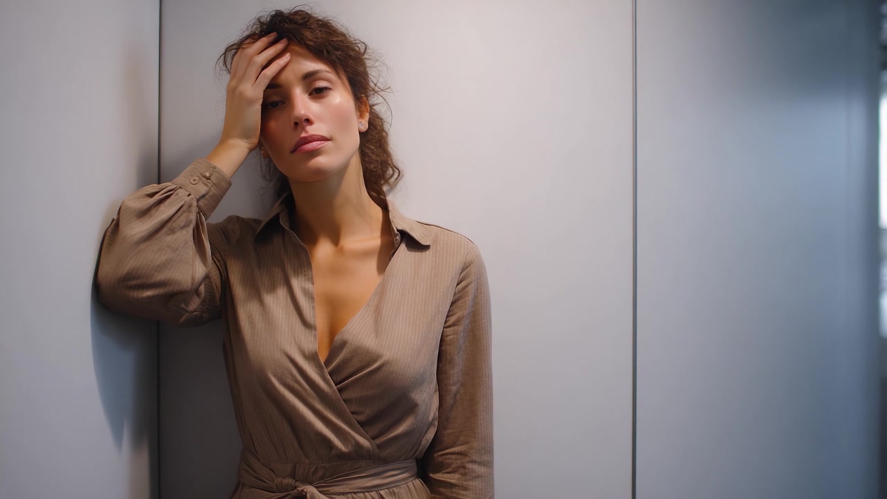 Una donna in piedi contro un muro mostra segni visibili di stress e contemplazione, trasmettendo profonde emozioni attraverso la sua espressione e il linguaggio del corpo in un'ambientazione minimalista.