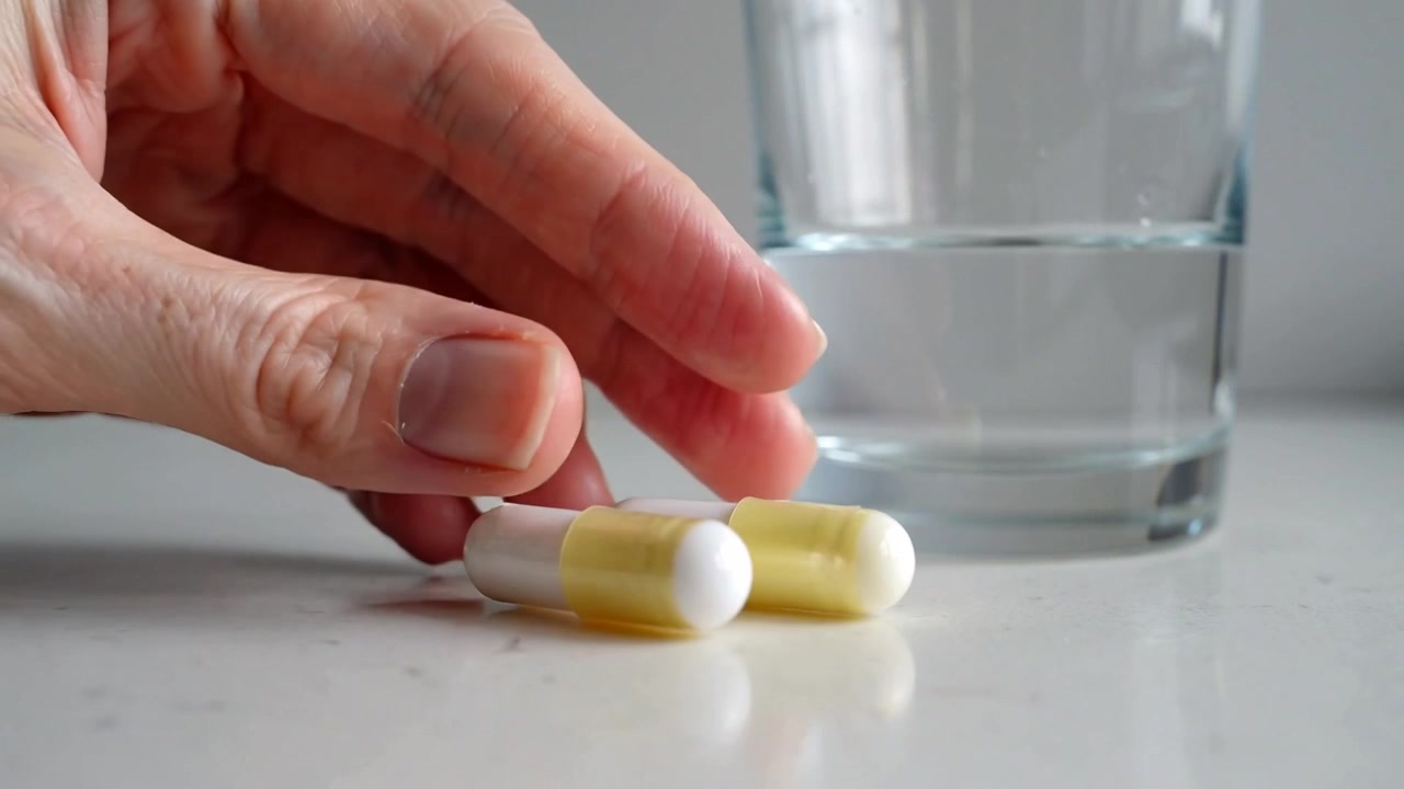 Entrando da sinistra, una mano adulta posiziona due capsule giallo-bianche su un bancone da prendere con un bicchiere.